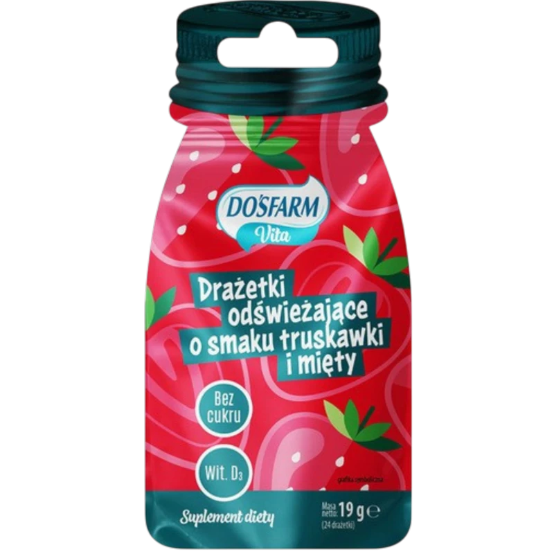 Dosfarm Vita Drażetki odświeżające o smaku truskawki i mięty z witaminą D3, 19 g - Z dodatkiem witaminy D, bez dodatku cukru