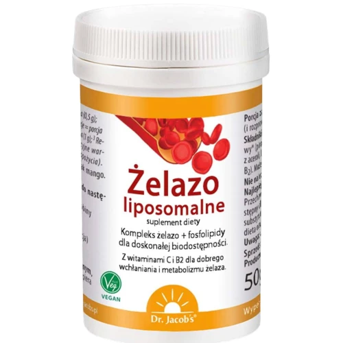 Dr. Jacob's Żelazo Liposomalne, smak mango, proszek 50 g - Proszek podjęzykowy dla osób dorosłych i dzieci od 1.roku życia