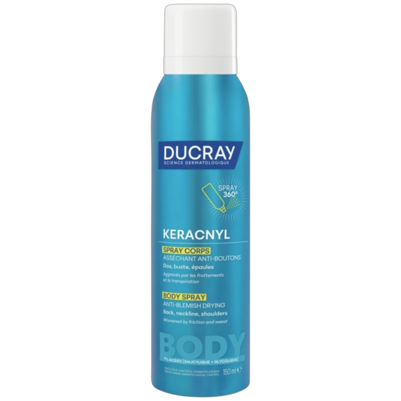 Ducray Keracnyl, wysuszający spray do ciała przeciw niedoskonałościom, 150 ml - Wysusza i redukuje wypryski na plecach i klatce piersiowej