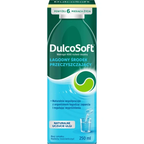 DulcoSoft, roztwór doustny, 250ml   - Delikatny środek przeczyszczający z makrogolem, rozmiękcza stwardniałe masy kałowe