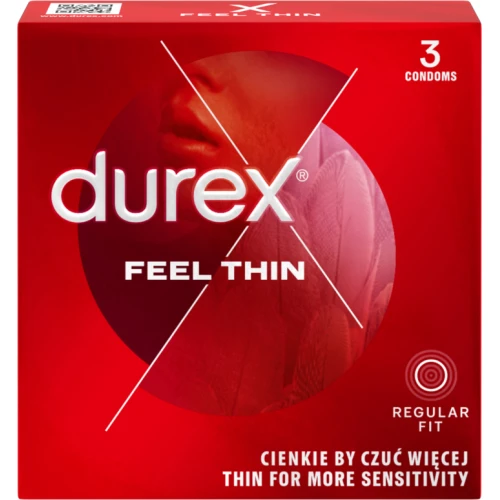 Durex Feel Thin Prezerwatywy, 3 sztuki - Cienkie, przezroczyste prezerwatywy z naturalnego lateksu