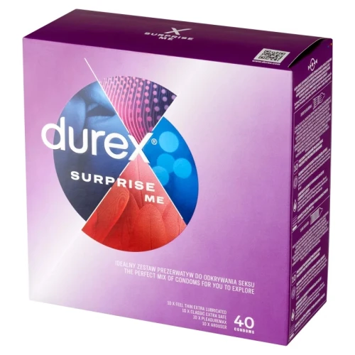 Durex Surprise Me Mix Prezerwatywy, 40 sztuk - 4 rodzaje prezerwatyw w 1 opakowaniu 