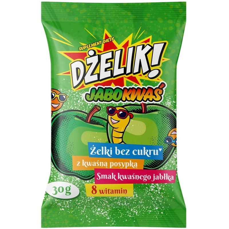 Dżelik! Jabokwaś żelki bez cukru o smaku kwaśnego jabłka, 30 g - Kwaśne żelki owocowe wzbogacone kompleksem witamin