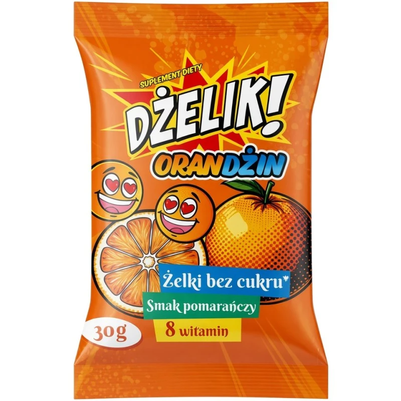 Dżelik! Orandżin żelki bez cukru o smaku pomarańczowym, 30 g - Żelki owocowe wzbogacone kompleksem witamin