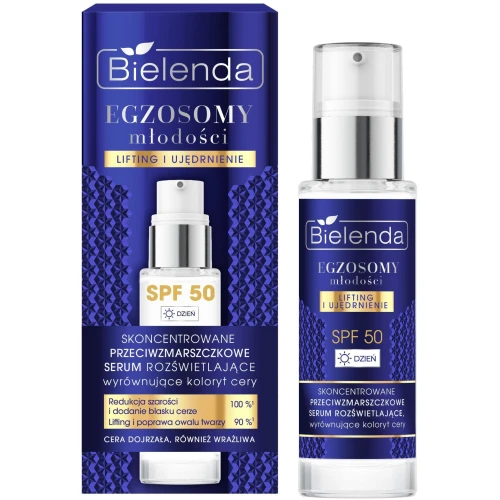 Bielenda Egzosomy Młodości Skoncentrowane przeciwzmarszczkowe serum rozświetlające, wyrównujące koloryt cery SPF 50, 30 ml - Na przebarwienia, zmarszczki i utratę jędrności skóry