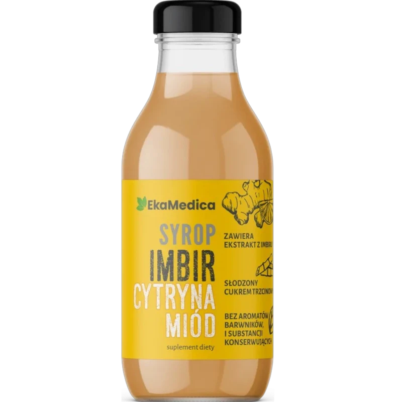 EkaMedica Imbir Cytryna Miód, syrop 300 ml - Słodzony cukrem trzcinowym z ekstraktem z imbiru