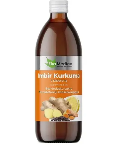 EkaMedica Imbir Kurkuma z piperyną, sok 500 ml - Suplement diety w formie płynnej z naturalną witaminą C z owoców camu-camu