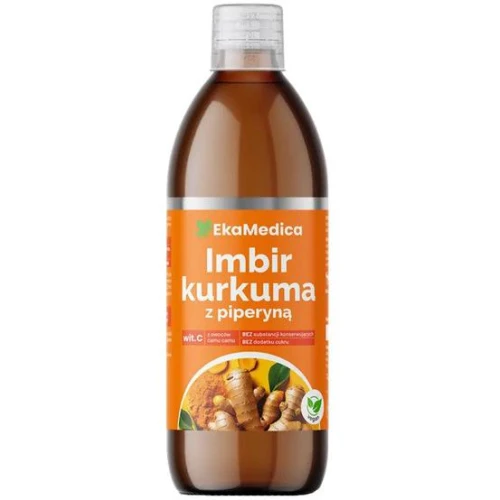 EkaMedica Imbir Kurkuma z piperyną, sok 500 ml - Suplement diety w formie płynnej z naturalną witaminą C z owoców camu-camu