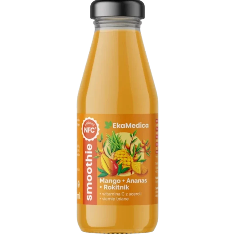 EkaMedica Smoothie Mango, Ananas, Rokitnik, 250 ml - Z siemieniem lnianym i witaminą C z aceroli