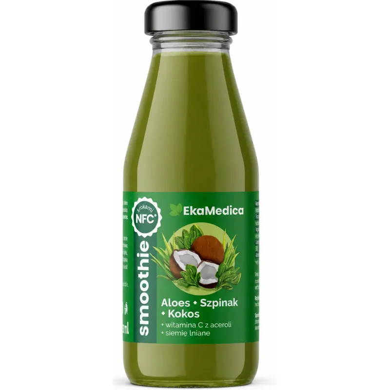 EkaMedica Smoothie Aloes, Kokos, Szpinak, płyn 250 ml - Z witaminą C z aceroli i siemieniem lnianym