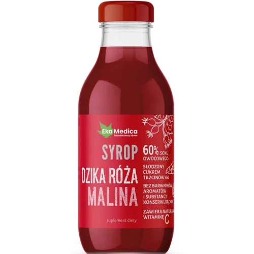 EkaMedica Dzika Róża Malina, syrop 300 ml - Z dodatkiem naturalnej witaminy C pochodzącej z owoców aceroli