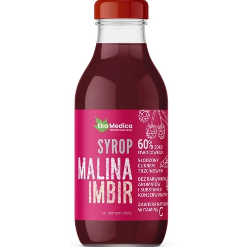 EkaMedica Malina Imbir, syrop 300 ml - Z dodatkiem naturalnej witaminy C pochodzącej z ekstraktu z owoców aceroli