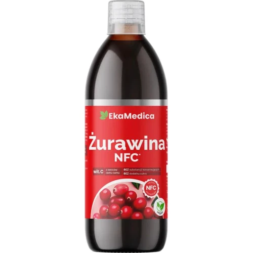 EkaMedica Żurawina NFC, sok, 500 ml - Z soku 100% z owoców żurawiny wielkoowocowej z naturalną witaminą C z owoców camu camu