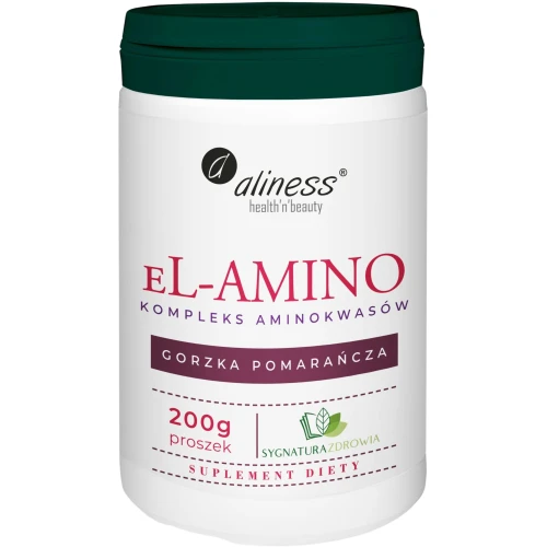 Aliness eL-AMINO Kompleks Aminokwasów o smaku gorzkiej pomarańczy, 200 g - Kompleks ośmiu aminokwasów egzogennych uzupełniony o L-prolinę i L-histydynę