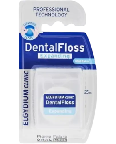 Elgydium Dental Flos Expanding, nić dentystyczna pęczniejąca, 25 m - Nić o smaku miętowym, dopasowuje się do kształtu przestrzeni