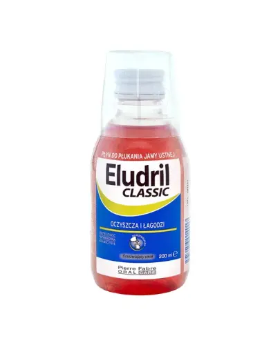 Eludril Classic, płyn do płukania jamy ustnej, 200 ml - Antybakteryjny i łagodzący preparat na stan zapalny dziąseł Eludril Classic, płyn do płukania jamy ustnej, 200 ml - Antybakteryjny i łagodzący preparat na stan zapalny dziąseł