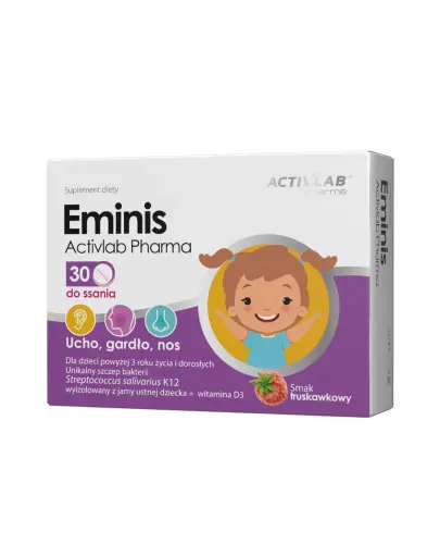 Eminis, 30 tabletek do ssania o smaku truskawkowym - Kompozycja witaminy D3 i szczepu bakterii Streptococcus salivarius K12