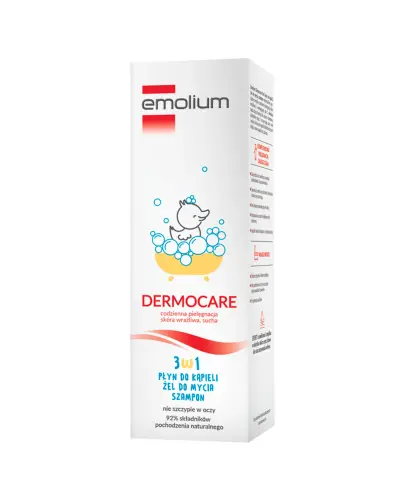 Emolium Dermocare 3w1, płyn 400 ml - Płyn do kąpieli, żel do mycia i szampon dla niemowląt  po 1. miesiącu życia