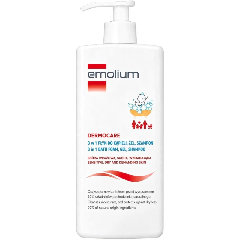 Emolium Dermocare 3w1 Płyn do kąpieli, żel, szampon, 750 ml - Delikatna pielęgnacja skóry wrażliwej i włosów