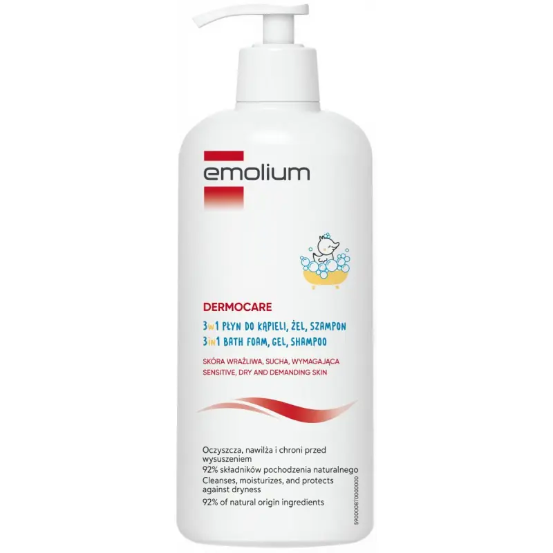 Emolium Dermocare 3w1 Płyn do kąpieli, żel, szampon, 400 ml - Dla niemowląt, dzieci oraz dorosłych ze skórą suchą i wrażliwą