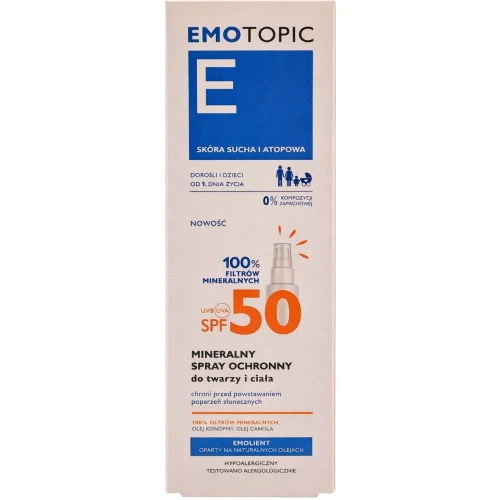 Emotopic Mineralny spray ochronny do twarzy i ciała SPF 50, 100 ml - Skóra atopowa i wrażliwa