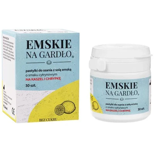 Emskie na gardło z solą emską, smak cytrynowy, bez cukru, 30 pastylek do ssania  - Łagodzą objawy kaszlu i chrypki