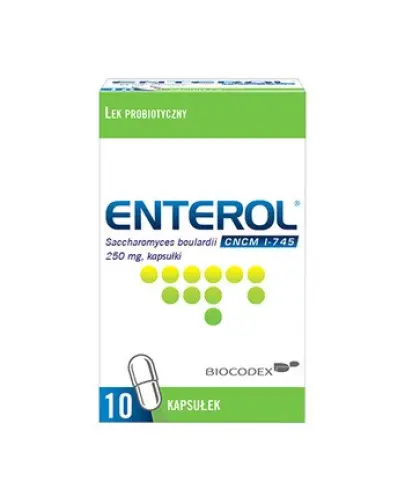 Enterol 250 mg, 10 kapsułek - Doustny lek przeciwbiegunkowy, którego substancją czynną są liofilizowane drożdżaki Saccharomyces boulardii