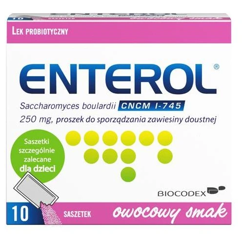 Enterol 250 mg, 10 saszetek - Doustny lek przeciwbiegunkowy, którego substancją czynną są liofilizowane drożdżaki Saccharomyces boulardii
