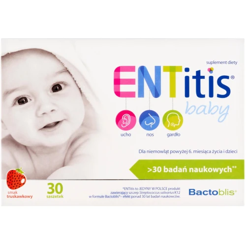 ENTitis baby smak truskawkowy, 30 saszetek  - Zawiera szczep Streptococcus salivarius K12, dla dzieci i niemowląt powyżej 6. miesiąca życia