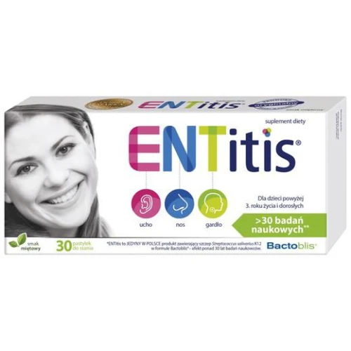 ENTitis smak miętowy, 30 pastylek do ssania  - Preparat probiotyczny ze szczepem Streptococcus salivarius K12