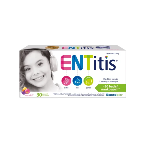 ENTitis  smak tutti frutti, 30 pastylek do ssania - Bakterie probiotyczne Streptococcus salivarius K12 i witamina D3