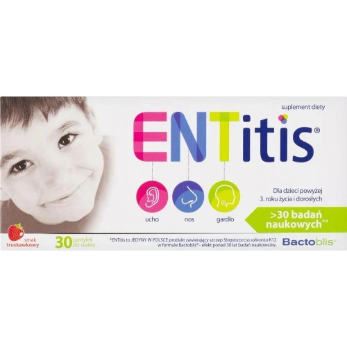 ENTitis smak truskawkowy, 30 pastylek do ssania  - Kompozycja bakterii probiotycznych Streptococcus salivarius K12 i witaminy D3