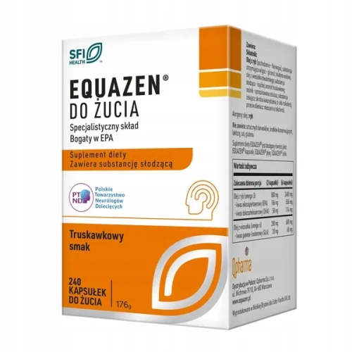 Equazen, smak truskawkowy, 240 kapsułek do żucia  - Kwasy omega 3 i 6 dla osób z niską zdolnością koncentracji