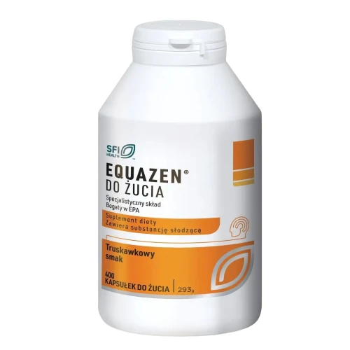 Equazen, smak truskawkowy, 400 kapsułek do żucia  - Oleje z ryb i wiesiołka, bogate źródło kwasów omega 3 i 6