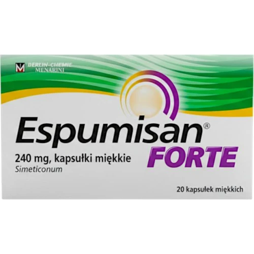 Espumisan Forte 240 mg, 20 kapsułek - 240 mg  symetykonu szybko usuwa uczucie pełności i wzdęcia
