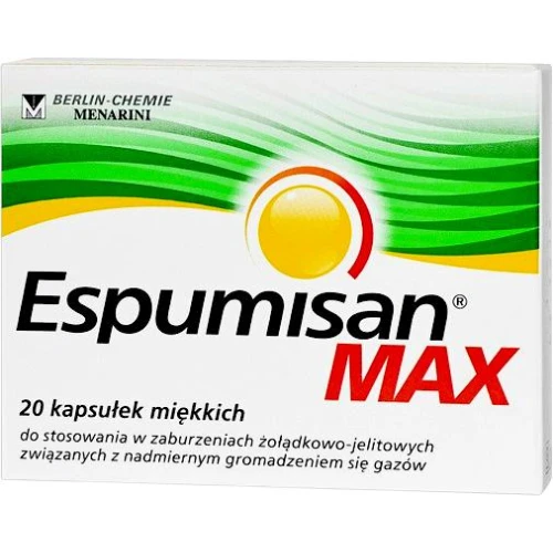 Espumisan Max, 20 kapsułek - 140 mg symetykonu łagodzi wzdęcia, ucisk i uczucie pełności