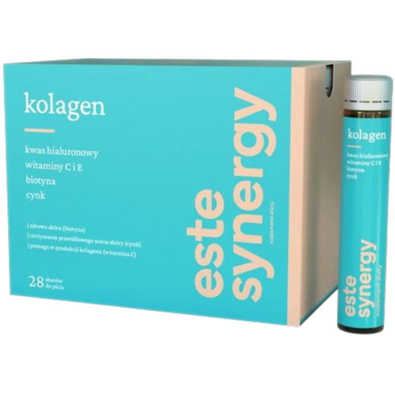 Este Synergy, shot kolagenowy 28 sztuk x 25 ml - Kolagen Verisol P z biotyną, cynkiem i kwasem HA wspiera  elastyczność skóry