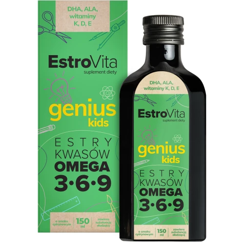 Estrovita Genius Kids o smaku cytrynowym, płyn 150 ml - Wspiera prawidłowe funkcjonowanie mózgu i układu nerwowego