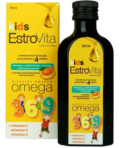 EstroVita Kids o smaku pomarańczowo-bananowym, 150 ml - Kompozycja zdrowych kwasów tłuszczowych, witamin i olejku z rozmarynu