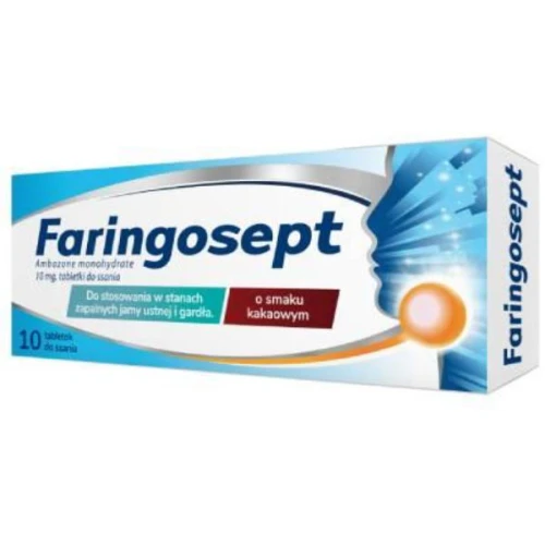 Faringosept 10mg, 10 tabletek do ssania - Pomocniczo w ostrych zakażeniach jamy ustnej i gardła 