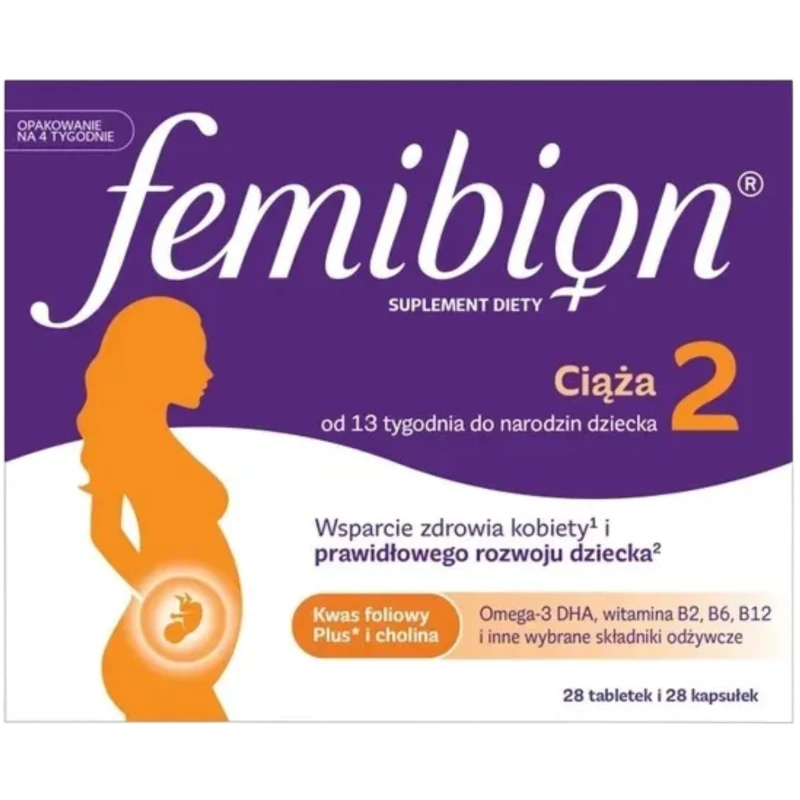 Femibion 2 Ciąża, 28 tabletek powlekanych + 28 kapsułek miękkich - Witaminy dla kobiet od 13. tygodnia ciąży z DHA i kwasem foliowym
