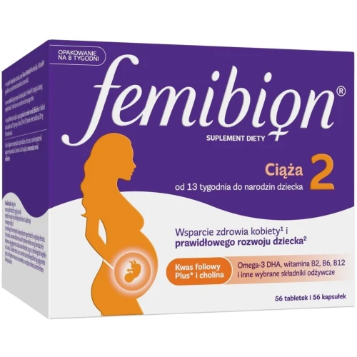 Femibion 2 Ciąża, 56 tabletek powlekanych + 56 kapsułek miękkich - Zestaw witamin i minerałów dla kobiet w ciąży z kwasem foliowym i DHA