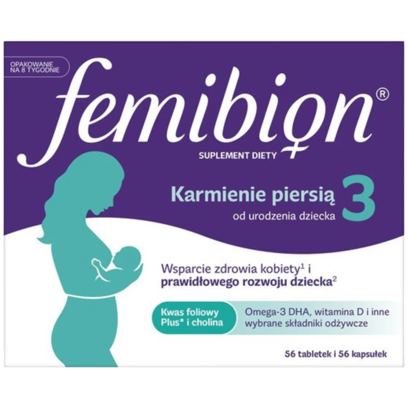 Femibion 3 Karmienie piersią, 56 tabletek powlekanych + 56 kapsułek miękkich - Zestaw witamin i minerałów z kwasem foliowym i DHA dla kobiet w okresie karmienia piersią