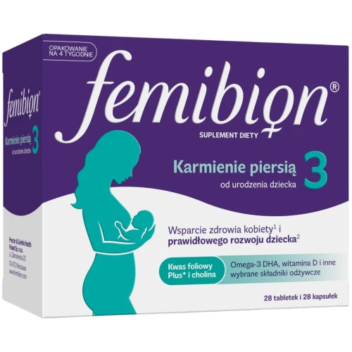 Femibion 3 Karmienie piersią, 28 tabletek powlekanych + 28 kapsułek miękkich - Zestaw witamin i minerałów dla kobiet z kwasem foliowym i DHA