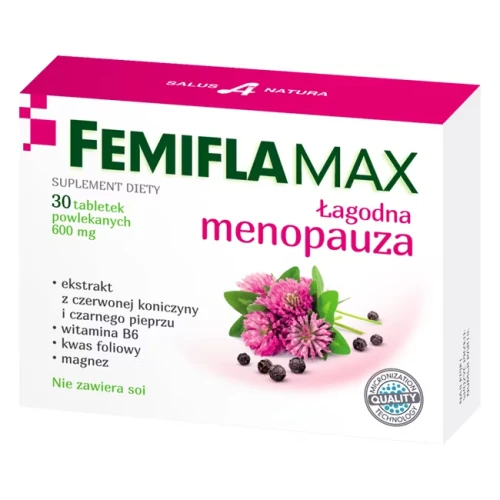 Femiflamax Łagodna menopauza,  30 tabletek - Z ekstraktem z czerwonej koniczyny i czarnego pieprzu