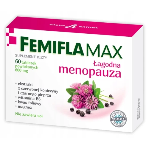 Femiflamax, 60 tabletek - Z ekstaktami, które łagodzą uderzenia gorąca, pocenie nocne, niepokój i drażliwość
