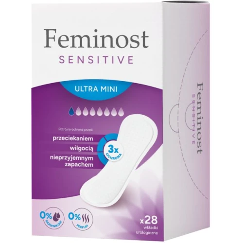 Feminost Sensitive Ultra Mini Wkładki urologiczne, 28 sztuk - Ultradyskretna ochrona przy kropelkowym nietrzymaniu moczu