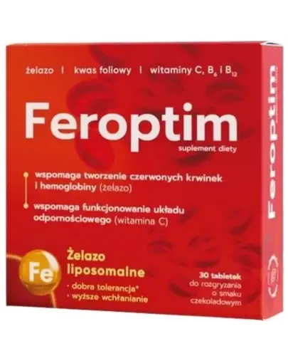 Feroptim, 30 tabletek do rozgryzania - Wspomaga tworzenie czerwonych krwinek i hemoglobiny