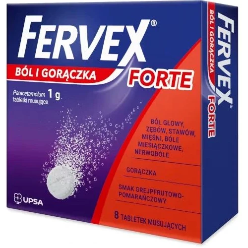 Fervex Ból i Gorączka Forte 1 g, 8 tabletek musujących - Lek z paracetamolem