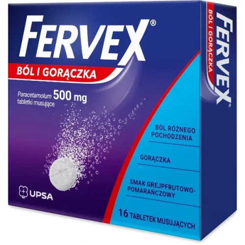 Fervex Ból i Gorączka 500 mg, 16 tabletek musujących - Tabletki z paracetamolem o działaniu przeciwbólowym i przeciwgorączkowym